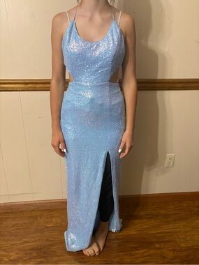 Light Blue Sequin Cutout Prom Gown with Front Slit